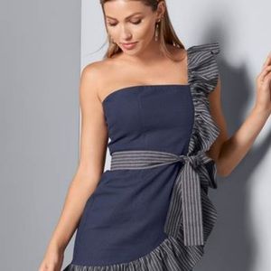 NWOT Venus Blue Denim Ruffled One Shoulder Mini Dress | Size Medium